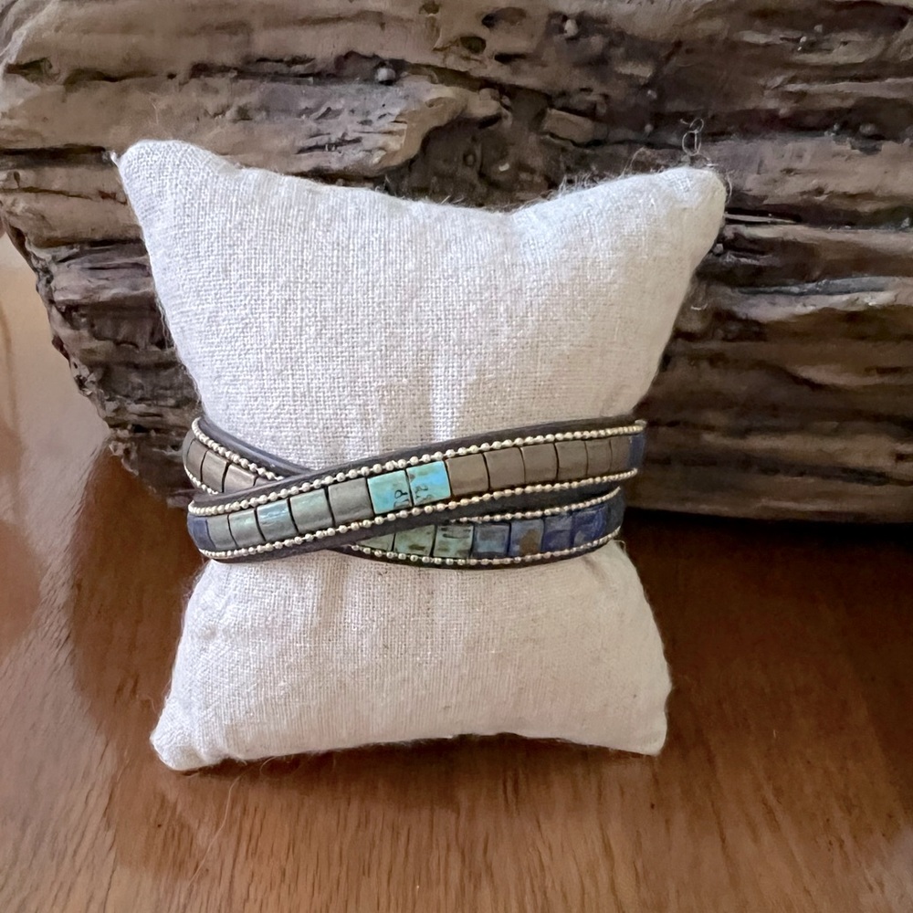 Stella and Dot brown leather wrap bracelet with turquoise and lapis stones